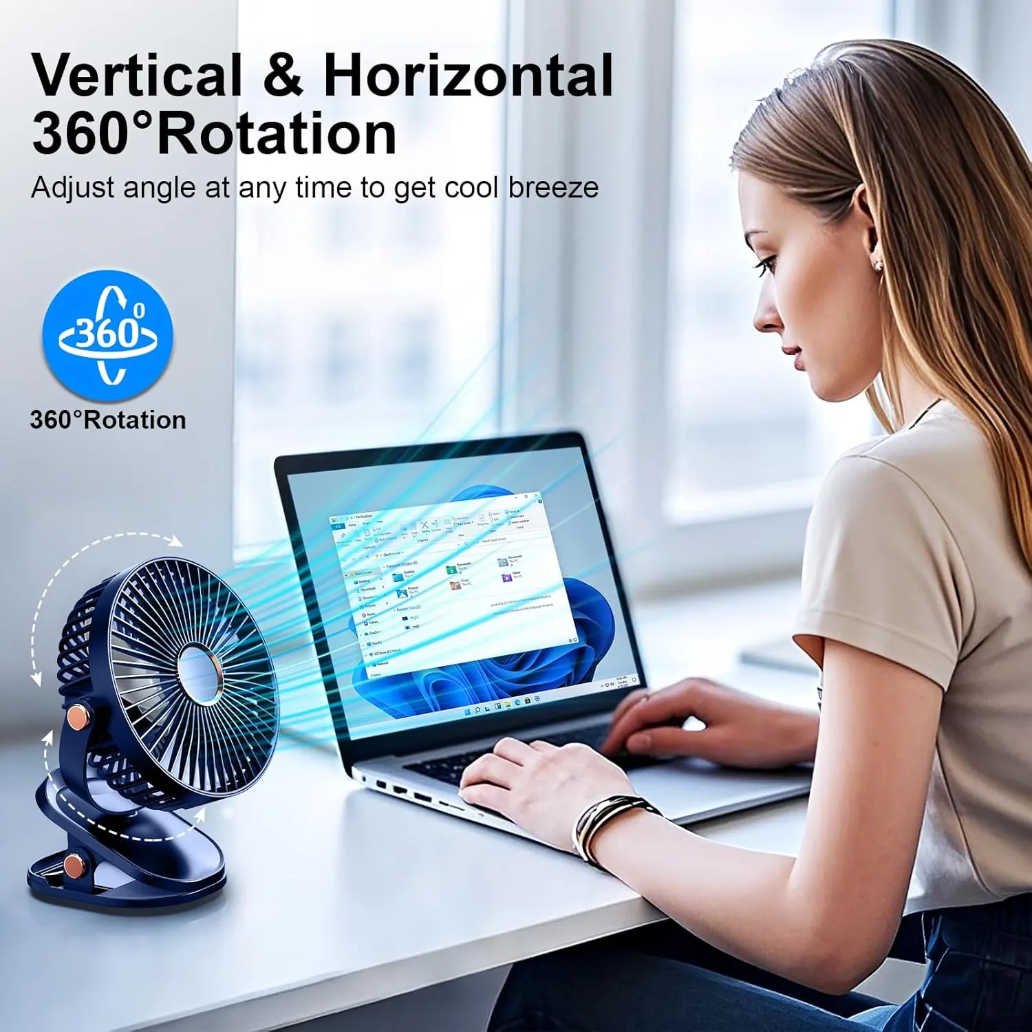 iNeibo 4000mAh Portable Clip on Fan with LED Lights, Battery Operated USB Desk Fan,4 Speed Quiet Rechargeable Mini Table Fan, 360 Rotate Personal Cooling Fan for Home Office Stroller Camping Blue