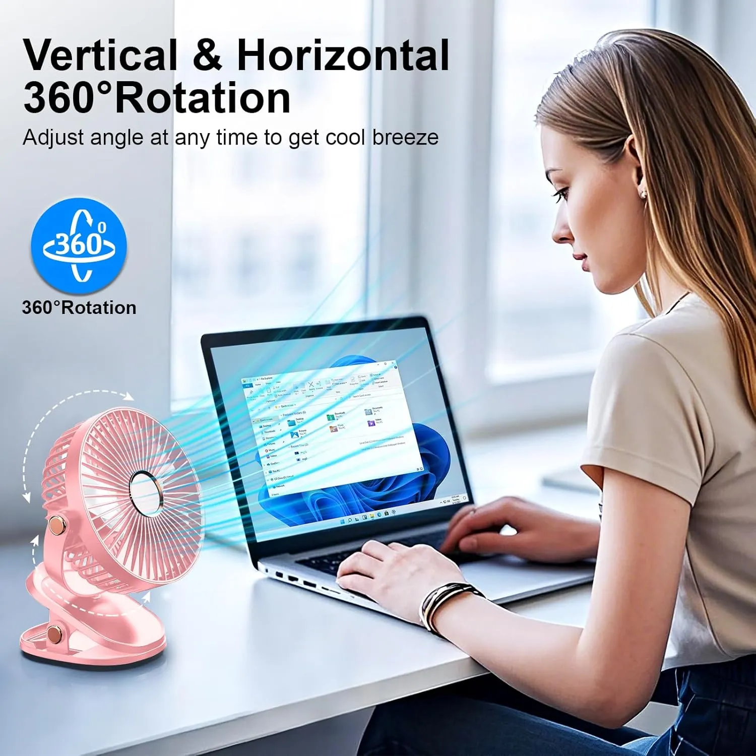 iNeibo 4000mAh Portable Clip on Fan with LED Lights, Battery Operated USB Desk Fan,4 Speed Quiet Rechargeable Mini Table Fan, 360 Rotate Personal Cooling Fan for Home Office Stroller Camping (Pink)