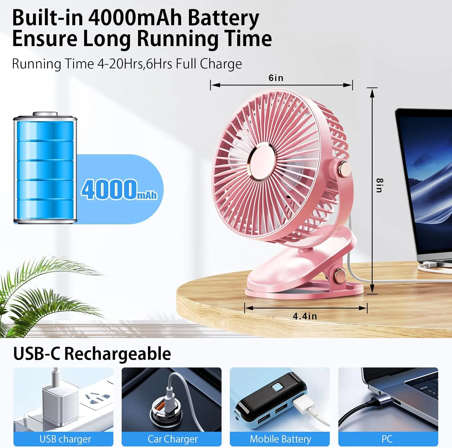 iNeibo 4000mAh Portable Clip on Fan with LED Lights, Battery Operated USB Desk Fan,4 Speed Quiet Rechargeable Mini Table Fan, 360 Rotate Personal Cooling Fan for Home Office Stroller Camping (Pink)
