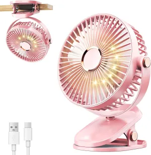 iNeibo 4000mAh Portable Clip on Fan with LED Lights, Battery Operated USB Desk Fan,4 Speed Quiet Rechargeable Mini Table Fan, 360 Rotate Personal Cooling Fan for Home Office Stroller Camping (Pink) 360-degree rotating fan for home use