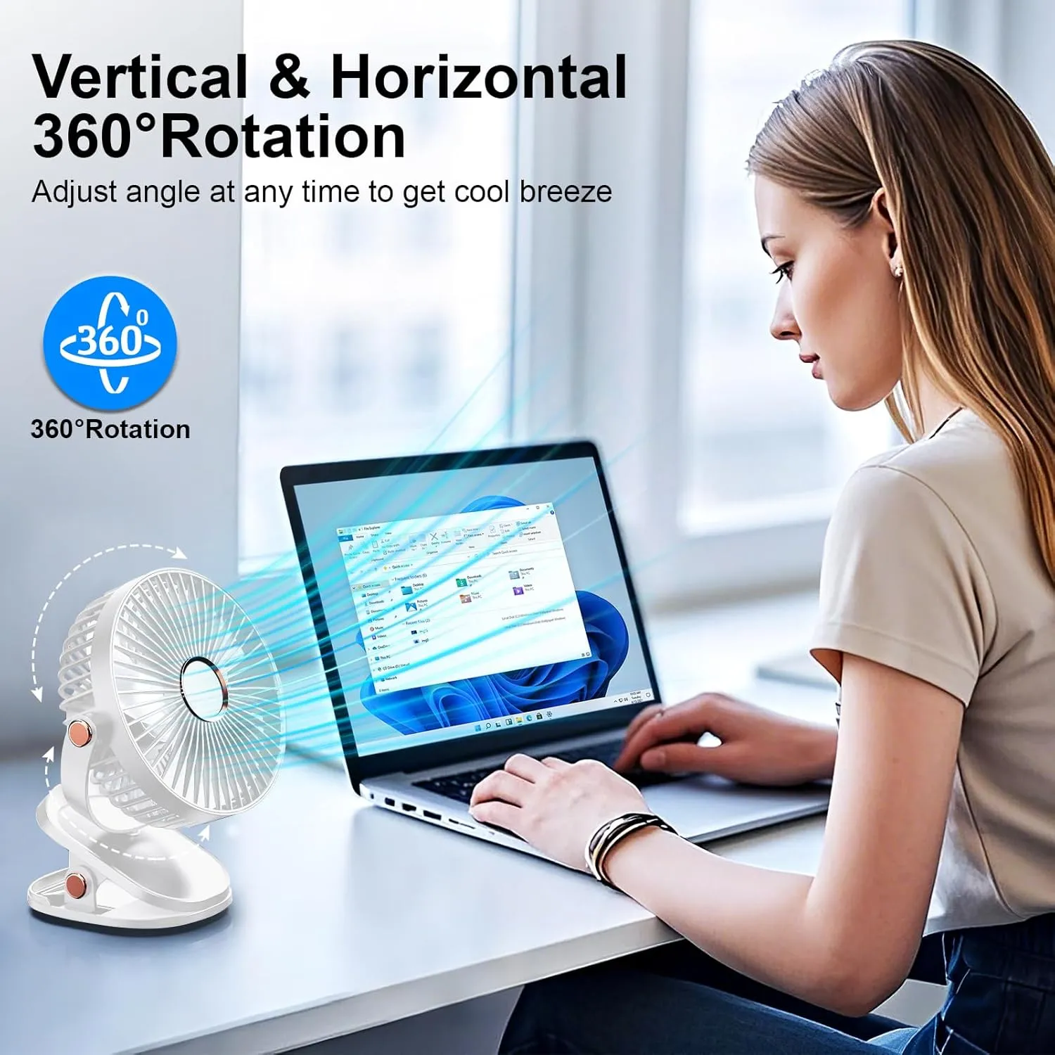 iNeibo 4000mAh Portable Clip on Fan with LED Lights, Battery Operated USB Desk Fan,4 Speed Quiet Rechargeable Mini Table Fan, 360 Rotate Personal Cooling Fan for Home Office Stroller Camping (White)