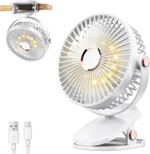 iNeibo 4000mAh Portable Clip on Fan with LED Lights, Battery Operated USB Desk Fan,4 Speed Quiet Rechargeable Mini Table Fan, 360 Rotate Personal Cooling Fan for Home Office Stroller Camping (White) 360-degree rotating fan for home use