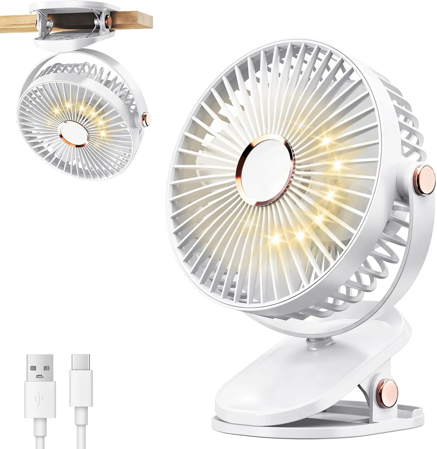 iNeibo 4000mAh Portable Clip on Fan with LED Lights, Battery Operated USB Desk Fan,4 Speed Quiet Rechargeable Mini Table Fan, 360 Rotate Personal Cooling Fan for Home Office Stroller Camping (White) 360-degree rotating fan for home use
