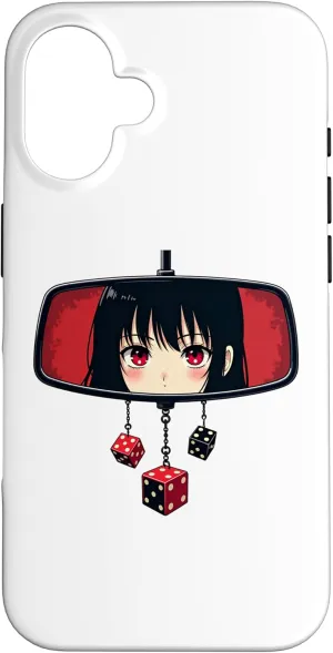 iPhone 16 Anime Girl Rearview Mirror Design with Hanging Dice For Girl Case Rear-mounted fan for childrens safety