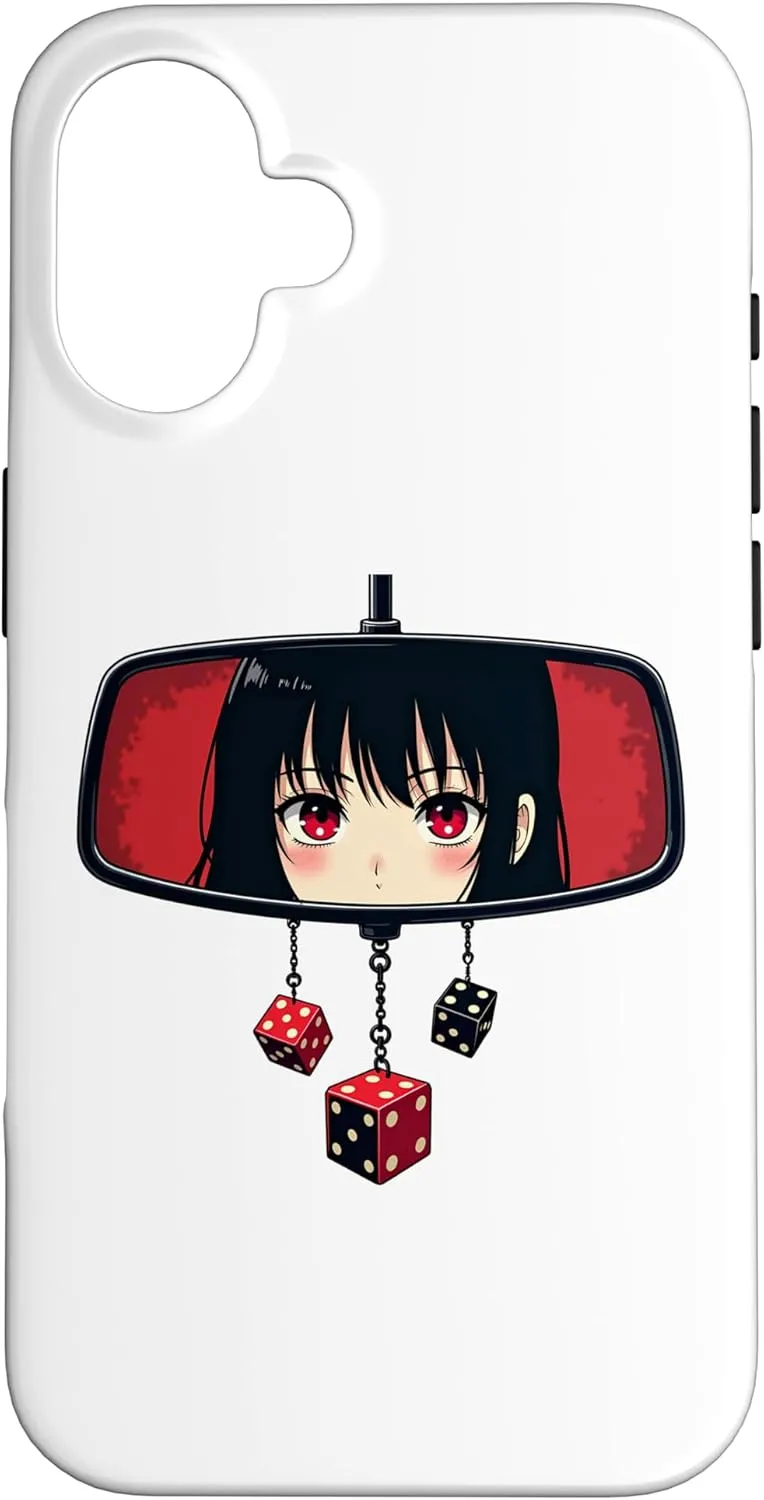 iPhone 16 Anime Girl Rearview Mirror Design with Hanging Dice For Girl Case Rear-mounted fan for childrens safety
