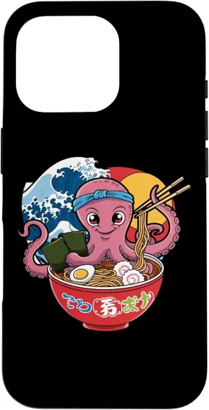 iPhone 16 Pro Kawaii Octopus Ramen Bowl With Chopsticks Noodles Case Octopus-shaped decorative fan