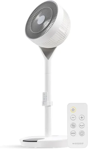 IRIS USA WOOZOO Air Circulator Pedestal Fan with Remote, 360 Oscillation, 12 Speeds, Quiet Motor, 8h Timer, Touch Panel, Height Adjustable, Office, Dorm, Bedroom Fan, White/Gray 360-degree rotating fan for home use