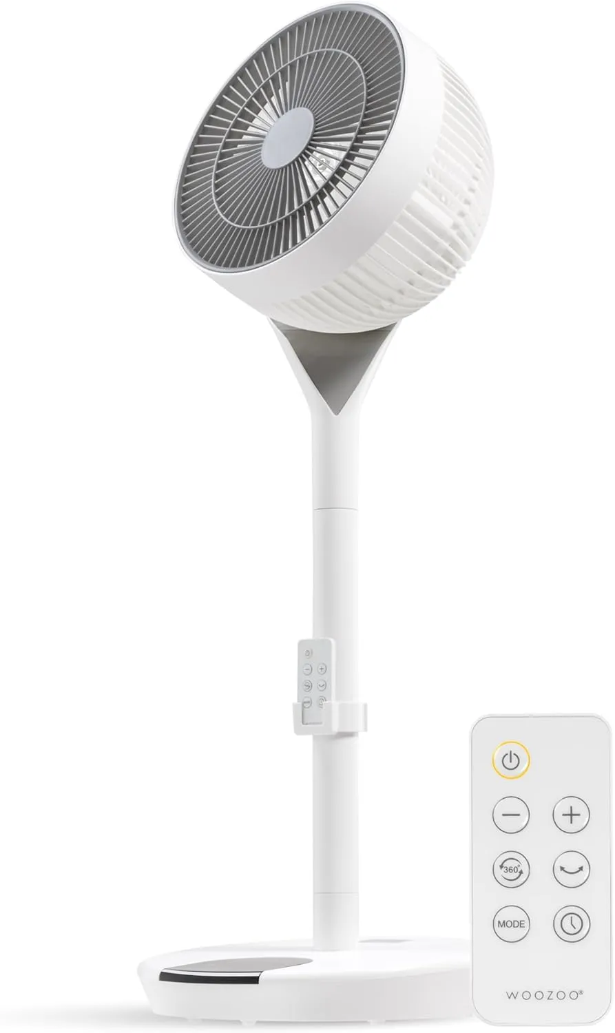 IRIS USA WOOZOO Air Circulator Pedestal Fan with Remote, 360 Oscillation, 12 Speeds, Quiet Motor, 8h Timer, Touch Panel, Height Adjustable, Office, Dorm, Bedroom Fan, White/Gray 360-degree rotating fan for home use