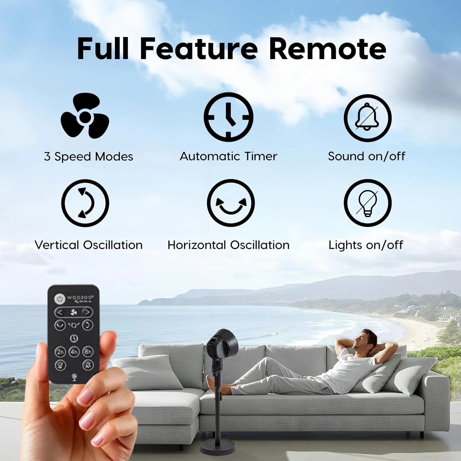 IRIS USA WOOZOO Air Circulator Pedestal Fan with Remote, 5.5" 3-Wing Blade, 3D Oscillation, Adjustable Height & Tilt, Quiet Motor, LED Display, Living Room, Office, Dorm, Bedroom Fan, Black