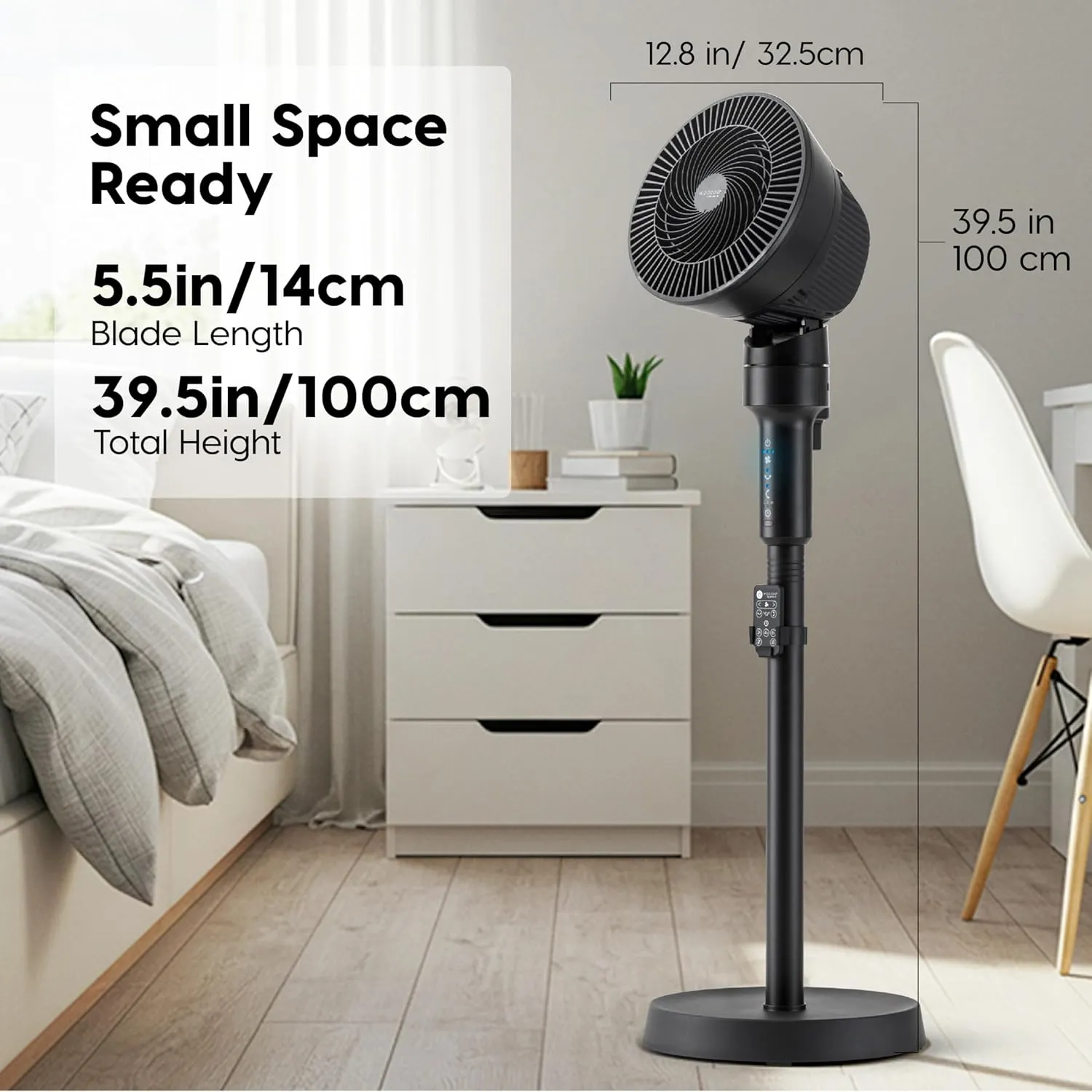 IRIS USA WOOZOO Air Circulator Pedestal Fan with Remote, 5.5" 3-Wing Blade, 3D Oscillation, Adjustable Height & Tilt, Quiet Motor, LED Display, Living Room, Office, Dorm, Bedroom Fan, Black