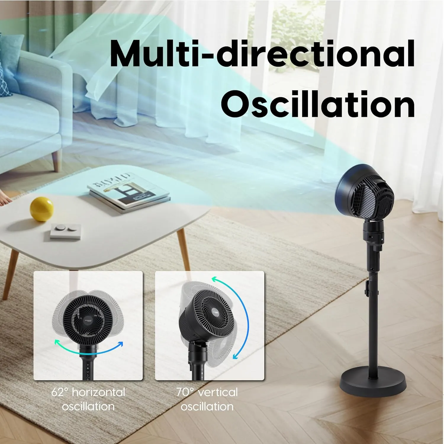 IRIS USA WOOZOO Air Circulator Pedestal Fan with Remote, 5.5" 3-Wing Blade, 3D Oscillation, Adjustable Height & Tilt, Quiet Motor, LED Display, Living Room, Office, Dorm, Bedroom Fan, Black