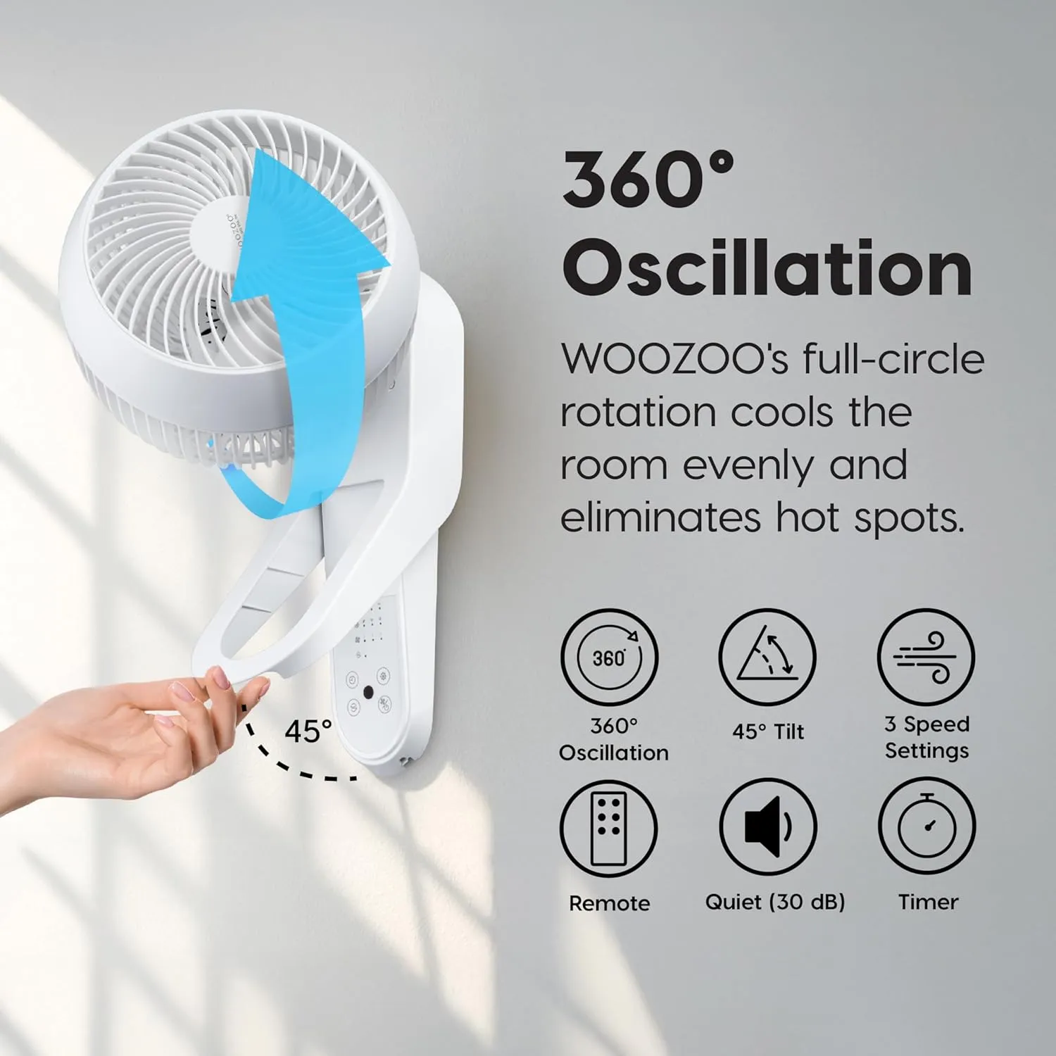 IRIS USA WOOZOO Air Circulator Wall Mount Fan with Remote, 360 Oscillation, 3 Speeds, 414 sqft Coverage, Quiet 30dB Motor, Adjustable Tilt, for Bedroom, Living Room, Office, Dorm, White