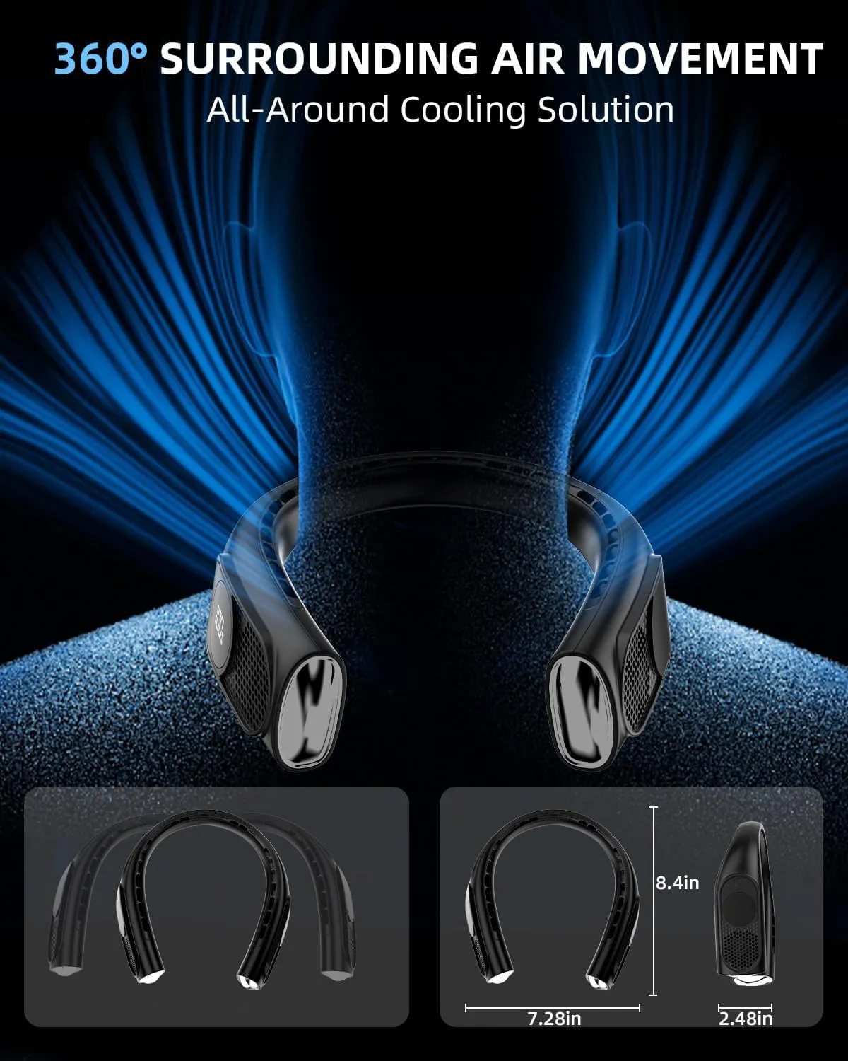 JIAGE Neck Fan, Bladeless Wearable Hands-Free Portable Fan, 5200mAh Rechargeable, 360 Cooling with 3 Speeds, Ultra-Quiet Personal Fan LED Display, Idea for Home, Office, Travel, Sports- Black
