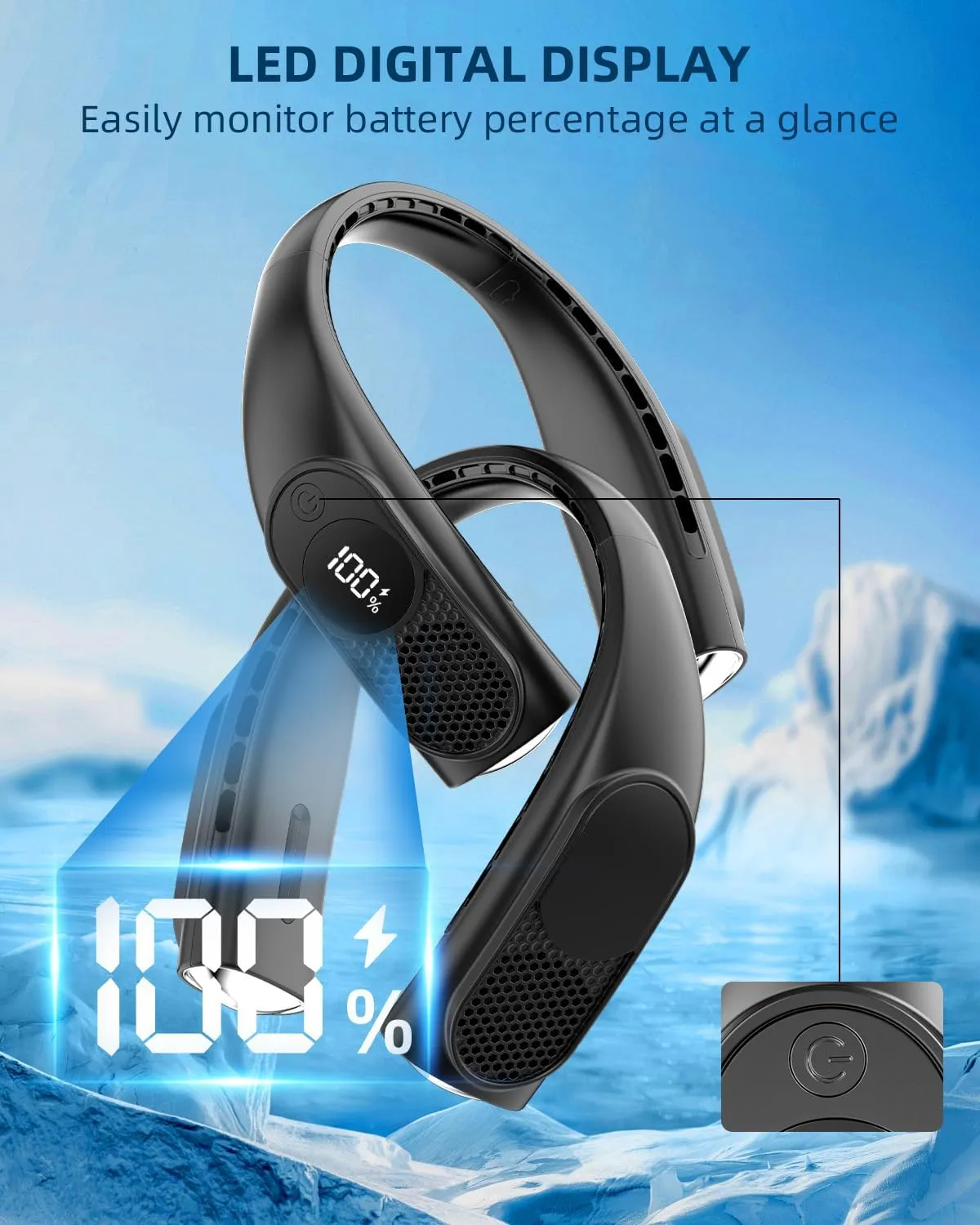 JIAGE Neck Fan, Bladeless Wearable Hands-Free Portable Fan, 5200mAh Rechargeable, 360 Cooling with 3 Speeds, Ultra-Quiet Personal Fan LED Display, Idea for Home, Office, Travel, Sports- Black