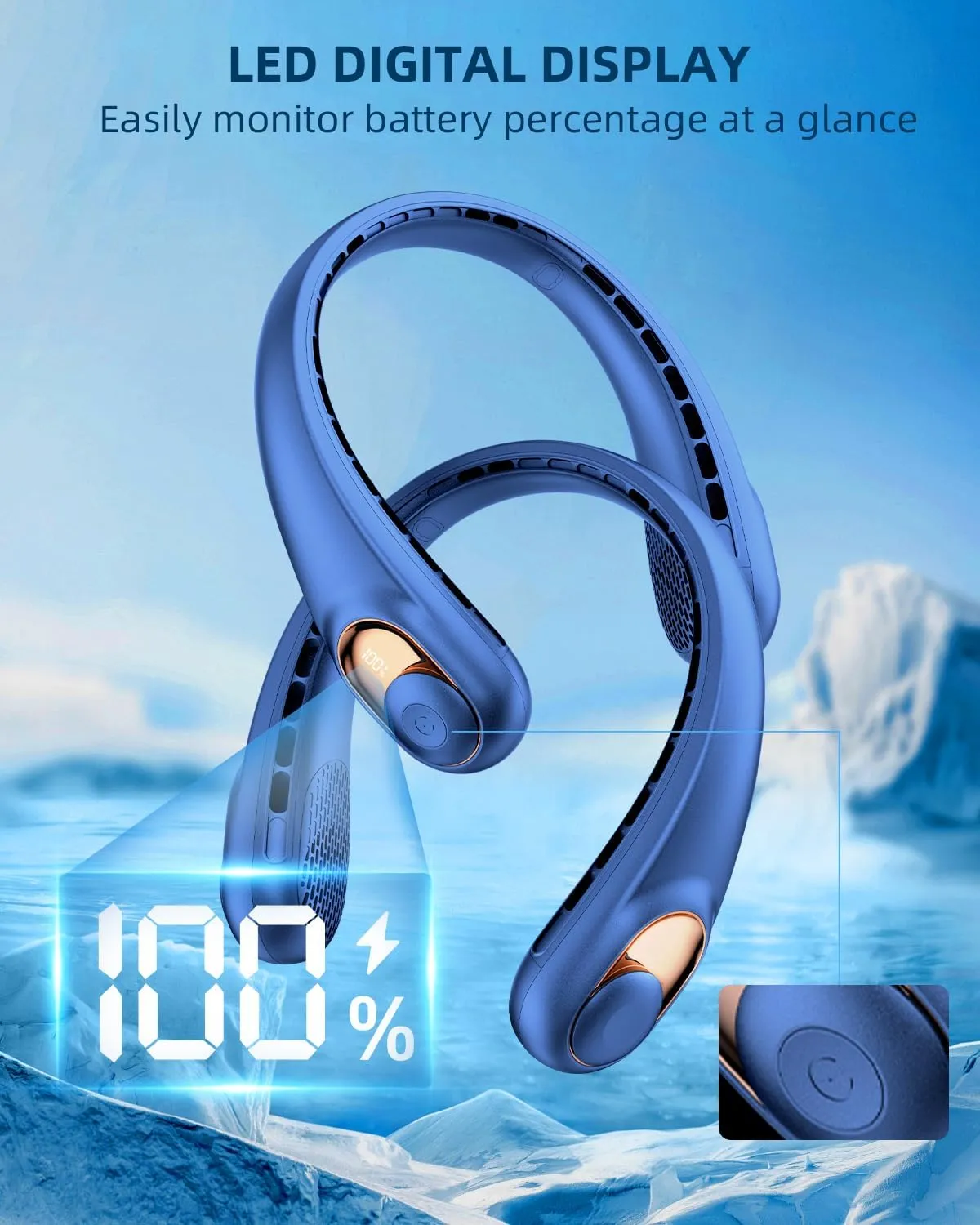 JIAGE Neck Fan, Bladeless Wearable Hands-Free Portable Fan, 5200mAh Rechargeable, 360 Cooling with 3 Speeds, Ultra-Quiet Personal Fan LED Display, Idea for Home, Office, Travel, Sports- Blue