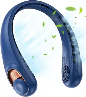 JIAGE Neck Fan, Bladeless Wearable Hands-Free Portable Fan, 5200mAh Rechargeable, 360 Cooling with 3 Speeds, Ultra-Quiet Personal Fan LED Display, Idea for Home, Office, Travel, Sports- Blue Neck fan for hands-free comfort