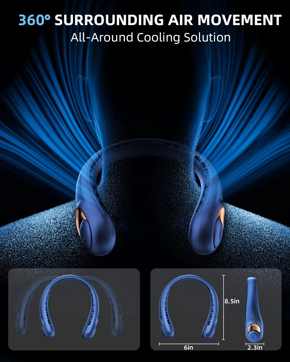 JIAGE Neck Fan, Bladeless Wearable Hands-Free Portable Fan, 5200mAh Rechargeable, 360 Cooling with 3 Speeds, Ultra-Quiet Personal Fan LED Display, Idea for Home, Office, Travel, Sports- Blue
