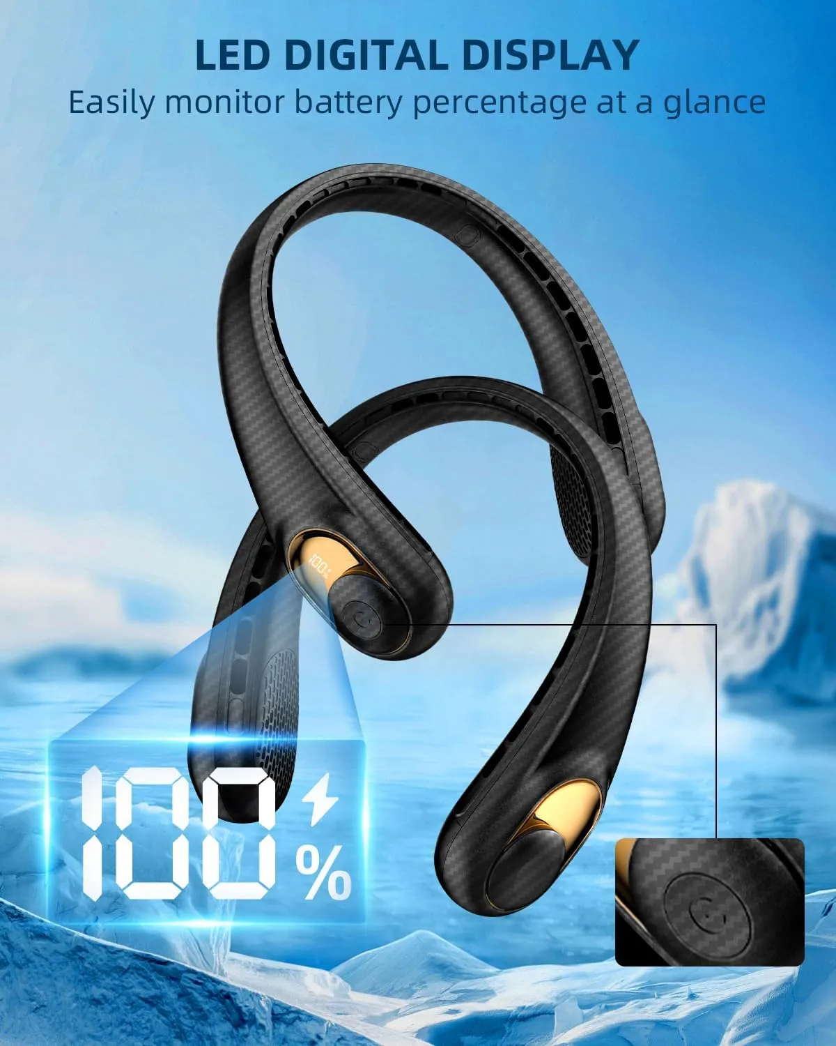 JIAGE Neck Fan, Bladeless Wearable Hands-Free Portable Fan, 5200mAh Rechargeable, 360 Cooling with 3 Speeds, Ultra-Quiet Personal Fan LED Display, Idea for Home, Office, Travel, Sports- Carbon Fiber