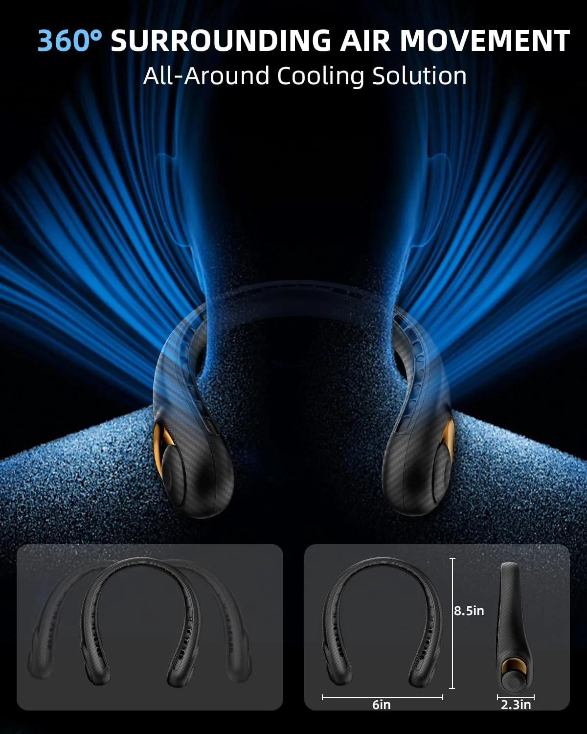 JIAGE Neck Fan, Bladeless Wearable Hands-Free Portable Fan, 5200mAh Rechargeable, 360 Cooling with 3 Speeds, Ultra-Quiet Personal Fan LED Display, Idea for Home, Office, Travel, Sports- Carbon Fiber