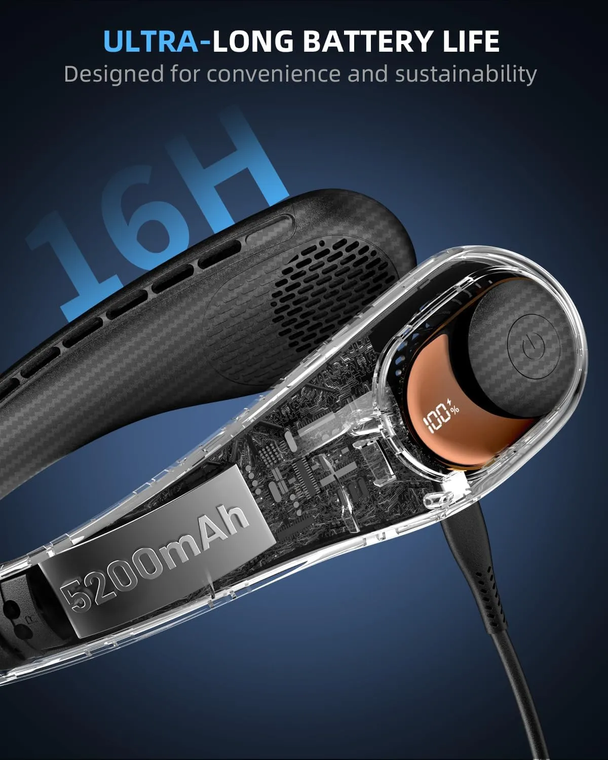 JIAGE Neck Fan, Bladeless Wearable Hands-Free Portable Fan, 5200mAh Rechargeable, 360 Cooling with 3 Speeds, Ultra-Quiet Personal Fan LED Display, Idea for Home, Office, Travel, Sports- Carbon Fiber