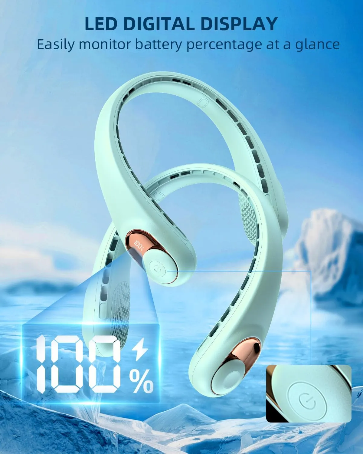JIAGE Neck Fan, Bladeless Wearable Hands-Free Portable Fan, 5200mAh Rechargeable, 360 Cooling with 3 Speeds, Ultra-Quiet Personal Fan LED Display, Idea for Home, Office, Travel, Sports- Light Green
