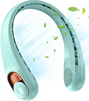 JIAGE Neck Fan, Bladeless Wearable Hands-Free Portable Fan, 5200mAh Rechargeable, 360 Cooling with 3 Speeds, Ultra-Quiet Personal Fan LED Display, Idea for Home, Office, Travel, Sports- Light Green Neck fan for hands-free comfort