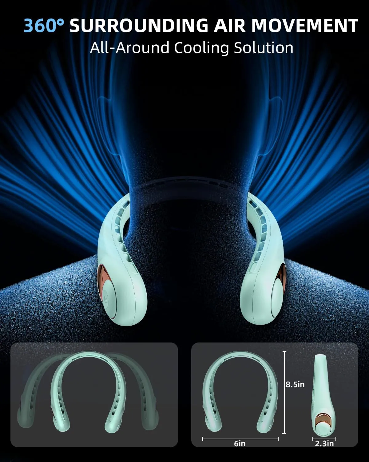 JIAGE Neck Fan, Bladeless Wearable Hands-Free Portable Fan, 5200mAh Rechargeable, 360 Cooling with 3 Speeds, Ultra-Quiet Personal Fan LED Display, Idea for Home, Office, Travel, Sports- Light Green