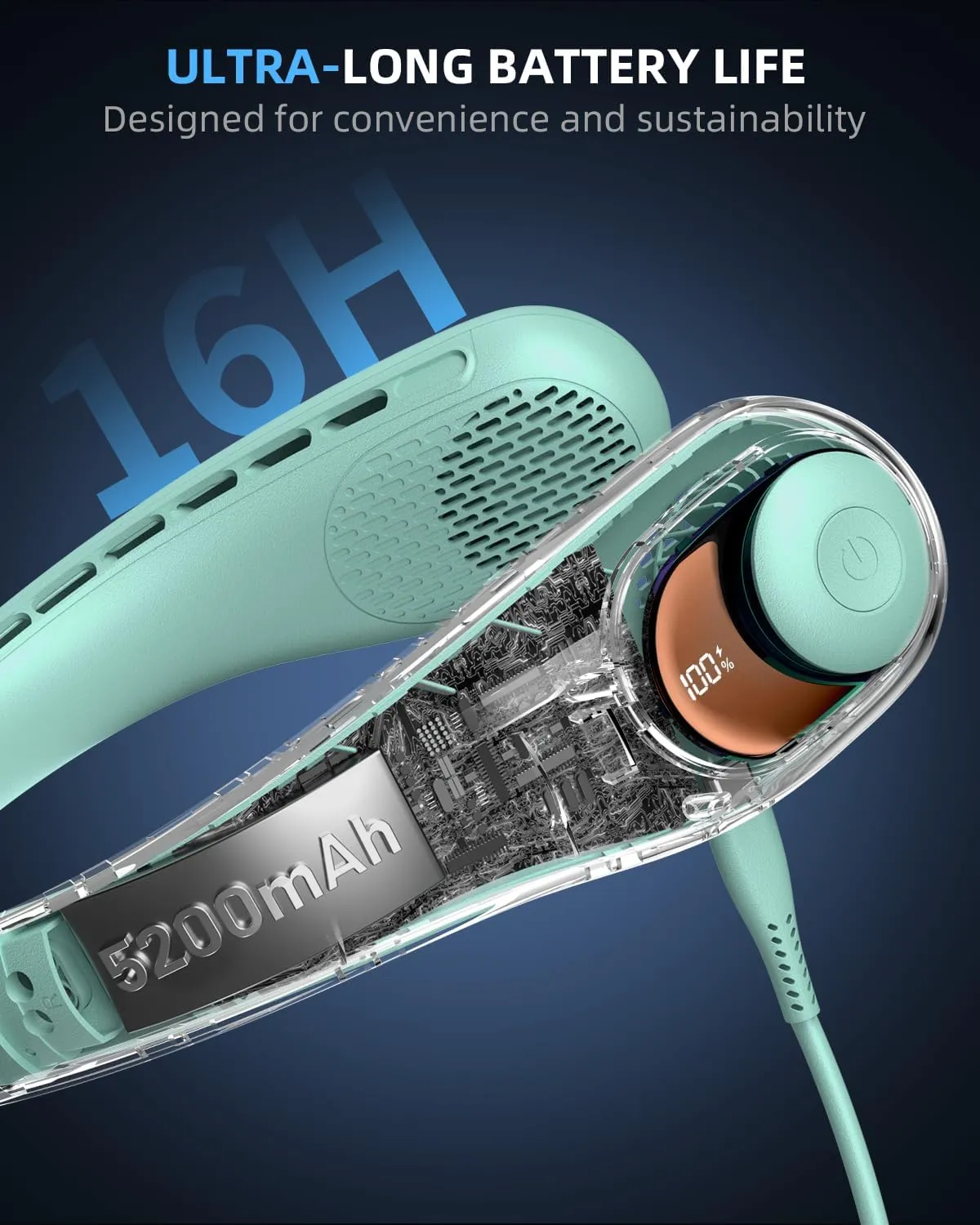 JIAGE Neck Fan, Bladeless Wearable Hands-Free Portable Fan, 5200mAh Rechargeable, 360 Cooling with 3 Speeds, Ultra-Quiet Personal Fan LED Display, Idea for Home, Office, Travel, Sports- Light Green