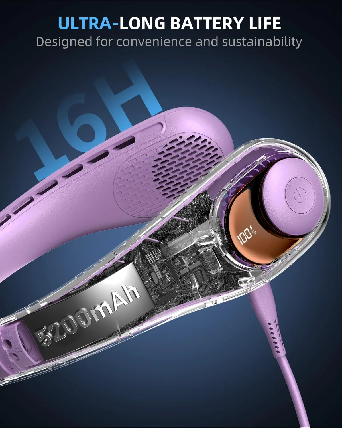 JIAGE Neck Fan, Bladeless Wearable Hands-Free Portable Fan, 5200mAh Rechargeable, 360 Cooling with 3 Speeds, Ultra-Quiet Personal Fan LED Display, Idea for Home, Office, Travel, Sports- Light Purple