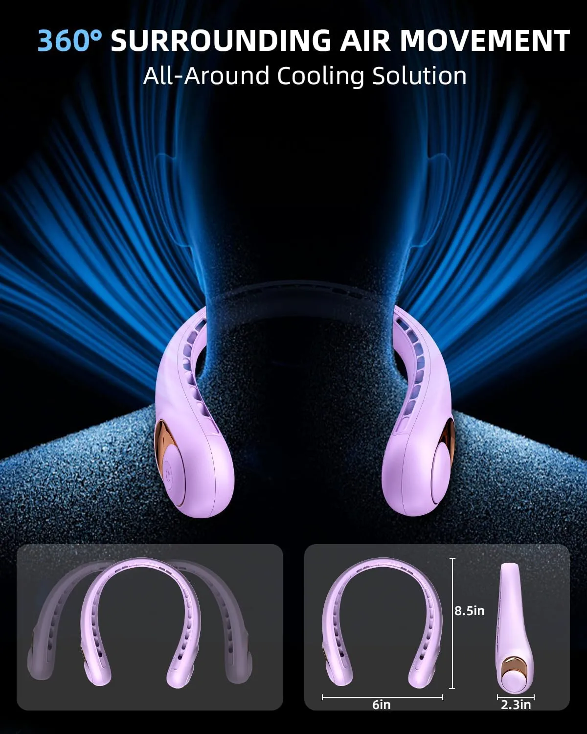 JIAGE Neck Fan, Bladeless Wearable Hands-Free Portable Fan, 5200mAh Rechargeable, 360 Cooling with 3 Speeds, Ultra-Quiet Personal Fan LED Display, Idea for Home, Office, Travel, Sports- Light Purple