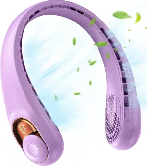 JIAGE Neck Fan, Bladeless Wearable Hands-Free Portable Fan, 5200mAh Rechargeable, 360 Cooling with 3 Speeds, Ultra-Quiet Personal Fan LED Display, Idea for Home, Office, Travel, Sports- Light Purple Neck fan for hands-free comfort