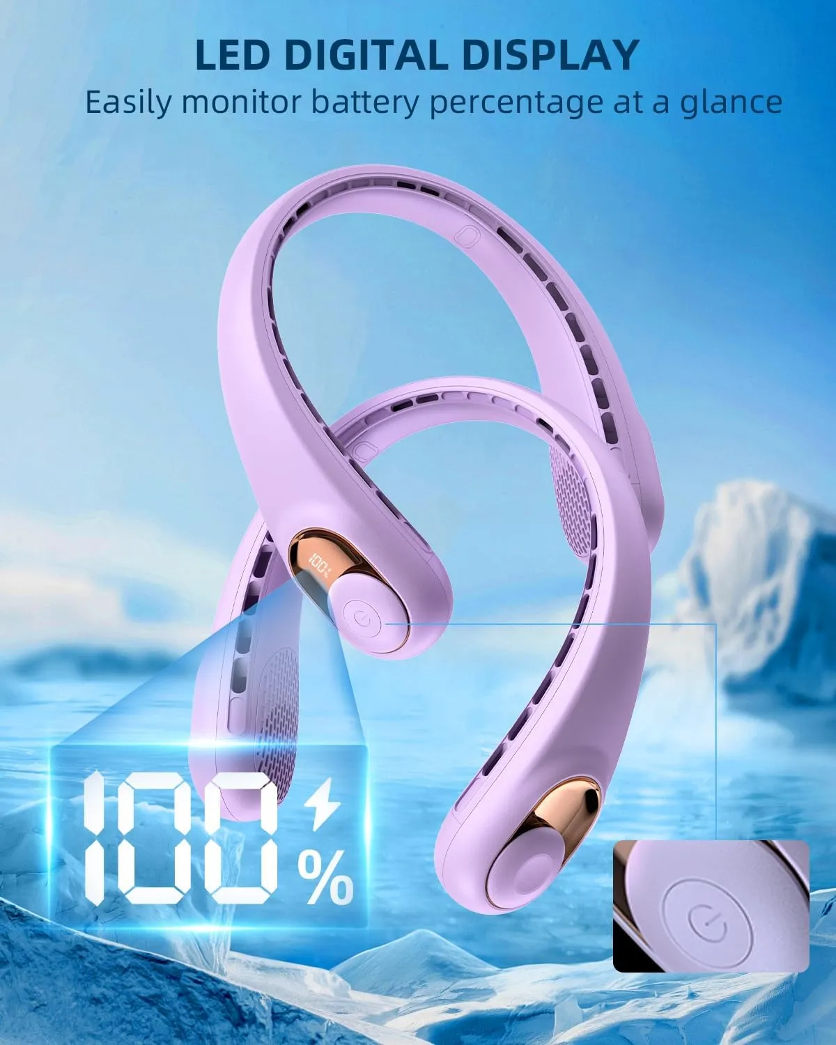 JIAGE Neck Fan, Bladeless Wearable Hands-Free Portable Fan, 5200mAh Rechargeable, 360 Cooling with 3 Speeds, Ultra-Quiet Personal Fan LED Display, Idea for Home, Office, Travel, Sports- Light Purple