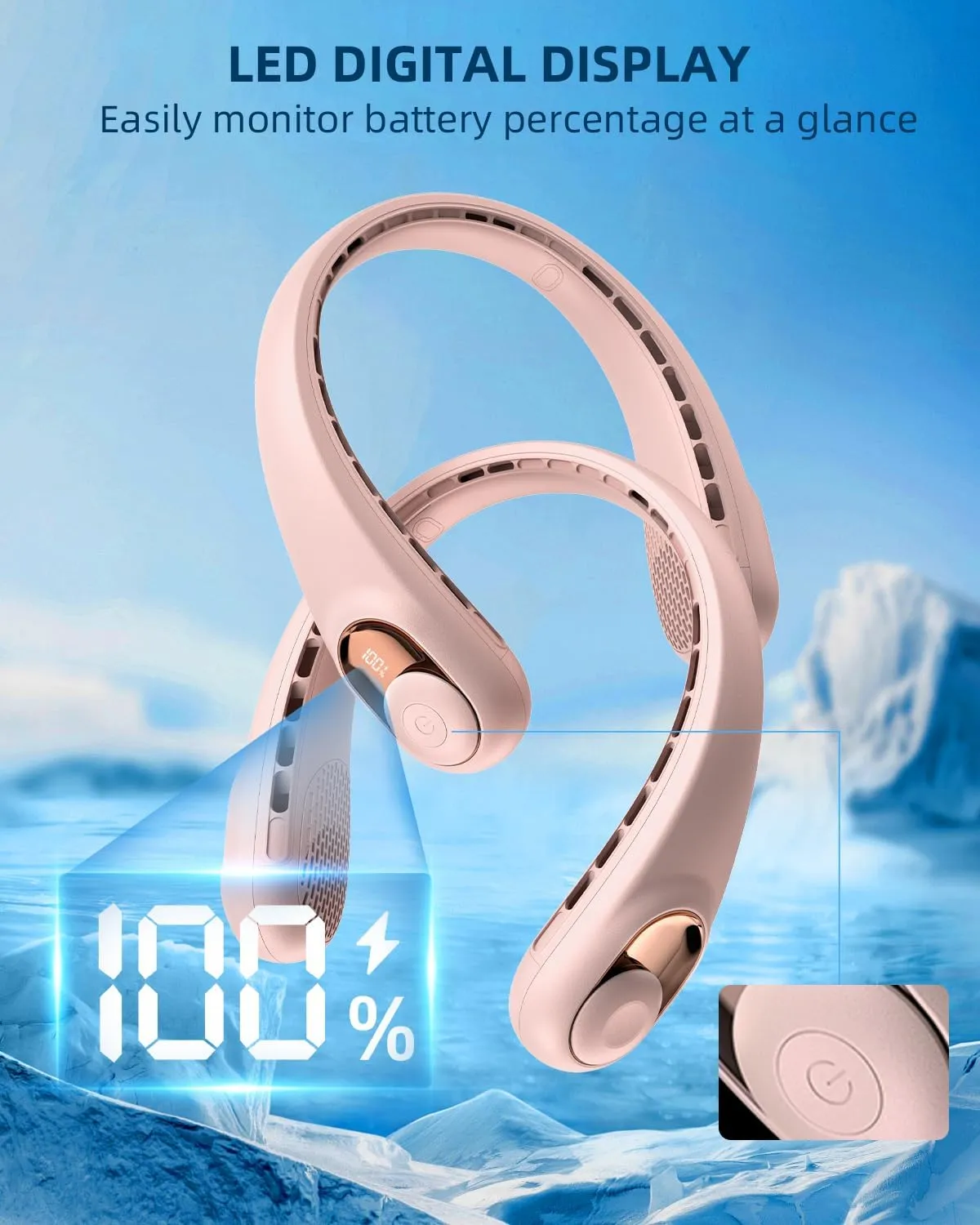 JIAGE Neck Fan, Bladeless Wearable Hands-Free Portable Fan, 5200mAh Rechargeable, 360 Cooling with 3 Speeds, Ultra-Quiet Personal Fan LED Display, Idea for Home, Office, Travel, Sports- Pink