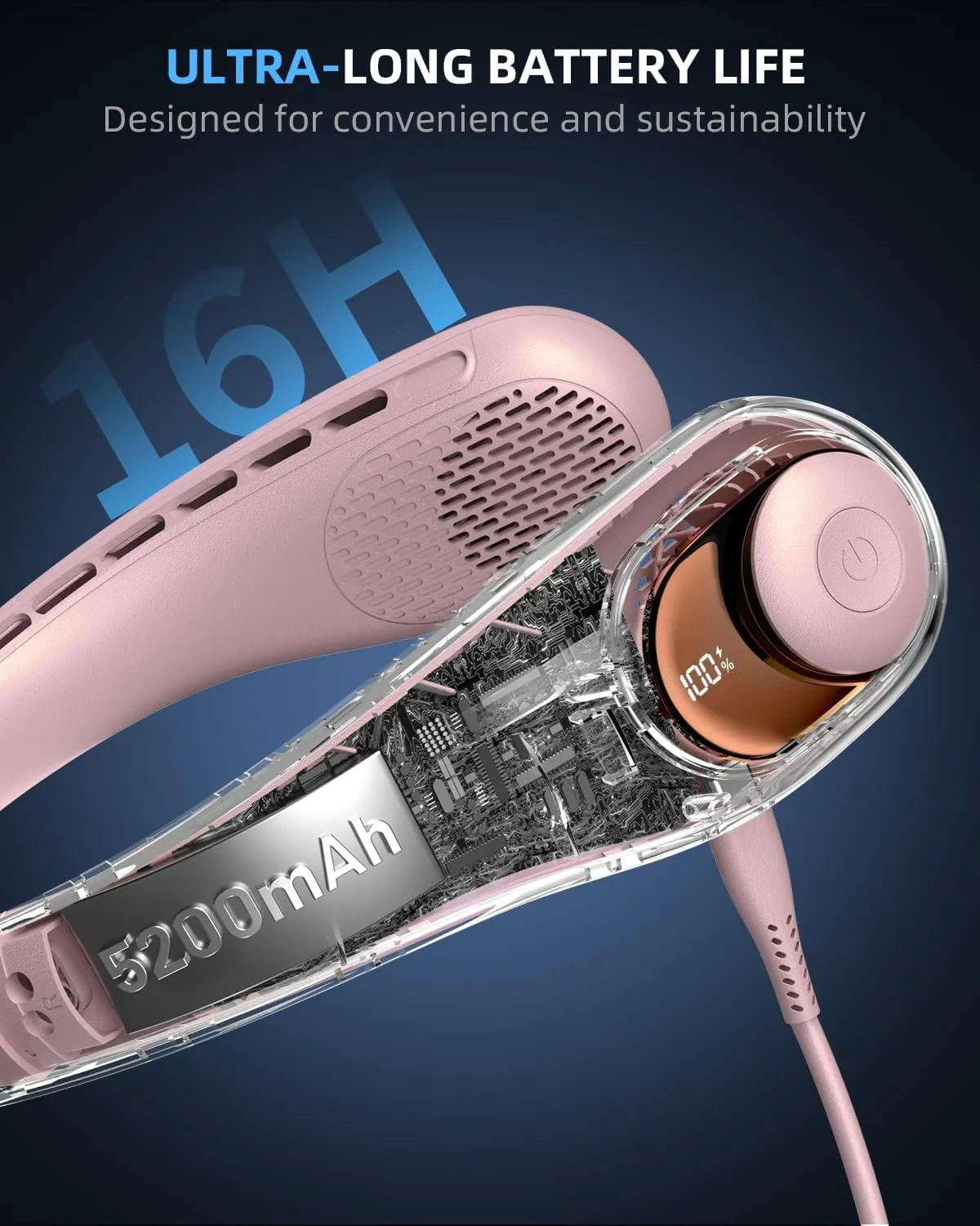 JIAGE Neck Fan, Bladeless Wearable Hands-Free Portable Fan, 5200mAh Rechargeable, 360 Cooling with 3 Speeds, Ultra-Quiet Personal Fan LED Display, Idea for Home, Office, Travel, Sports- Pink