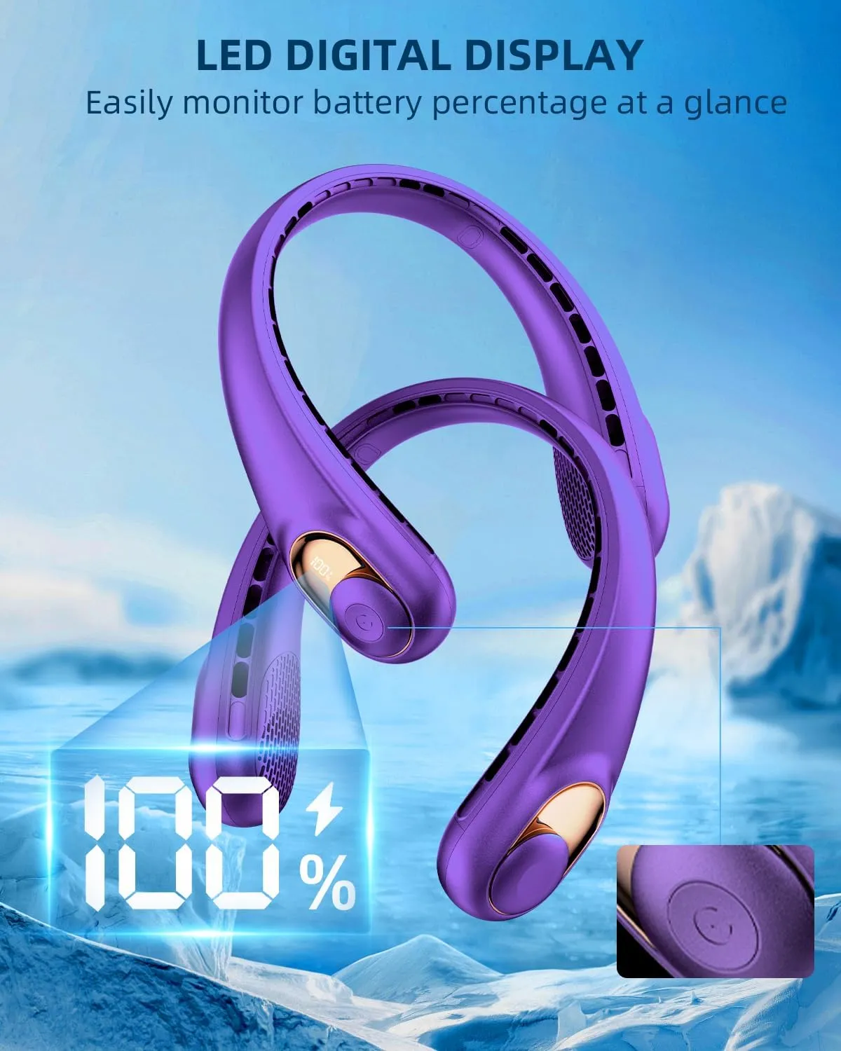 JIAGE Neck Fan, Bladeless Wearable Hands-Free Portable Fan, 5200mAh Rechargeable, 360 Cooling with 3 Speeds, Ultra-Quiet Personal Fan LED Display, Idea for Home, Office, Travel, Sports- Purple