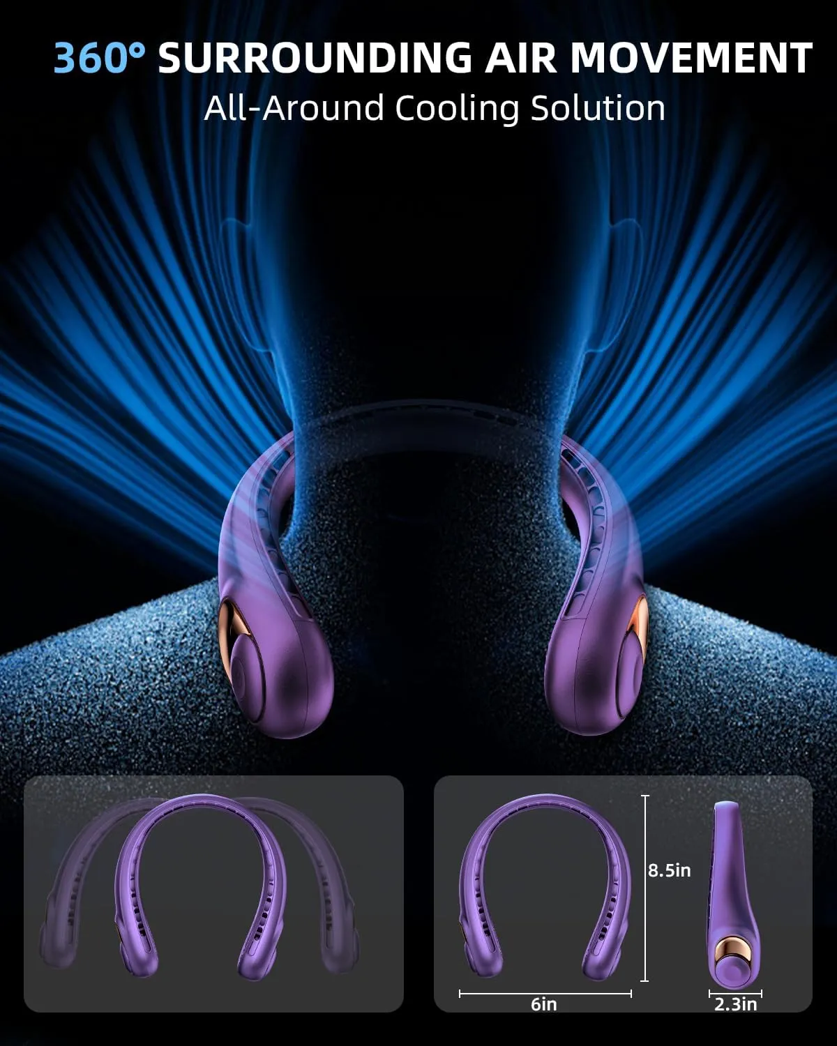 JIAGE Neck Fan, Bladeless Wearable Hands-Free Portable Fan, 5200mAh Rechargeable, 360 Cooling with 3 Speeds, Ultra-Quiet Personal Fan LED Display, Idea for Home, Office, Travel, Sports- Purple