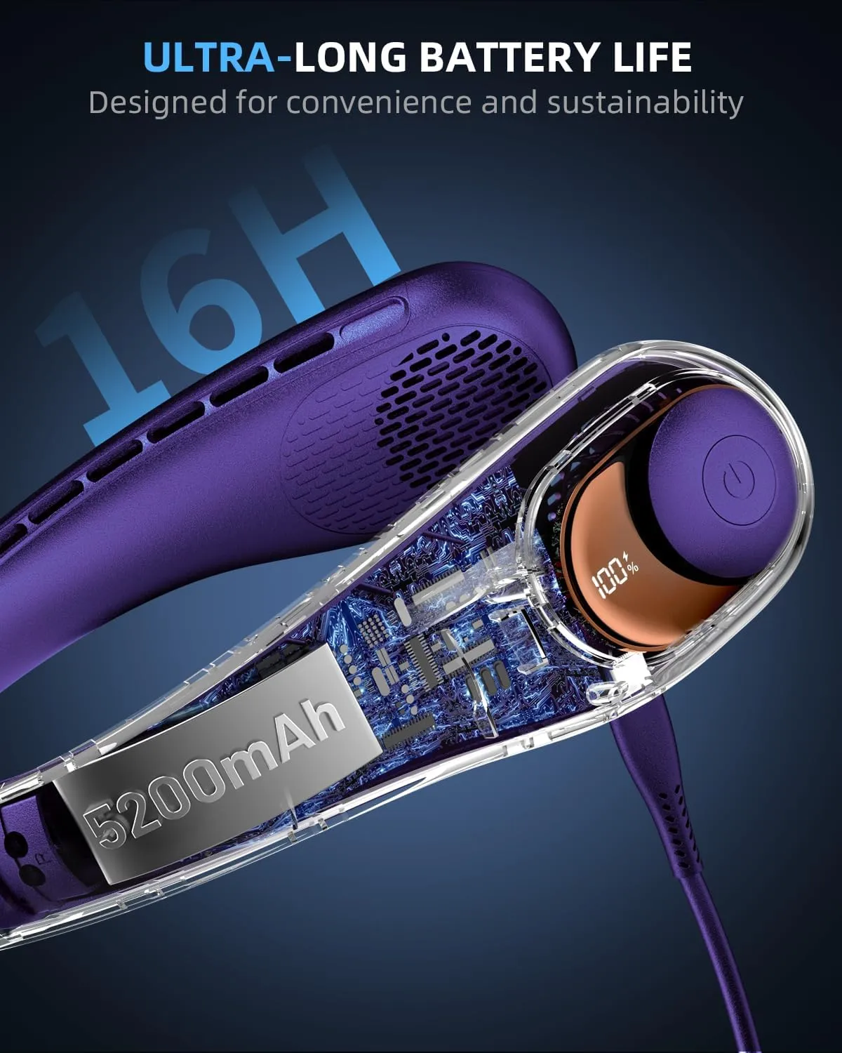 JIAGE Neck Fan, Bladeless Wearable Hands-Free Portable Fan, 5200mAh Rechargeable, 360 Cooling with 3 Speeds, Ultra-Quiet Personal Fan LED Display, Idea for Home, Office, Travel, Sports- Purple