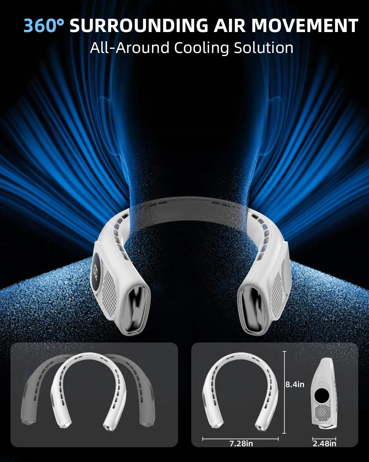 JIAGE Neck Fan, Bladeless Wearable Hands-Free Portable Fan, 5200mAh Rechargeable, 360 Cooling with 3 Speeds, Ultra-Quiet Personal Fan LED Display, Idea for Home, Office, Travel, Sports- White