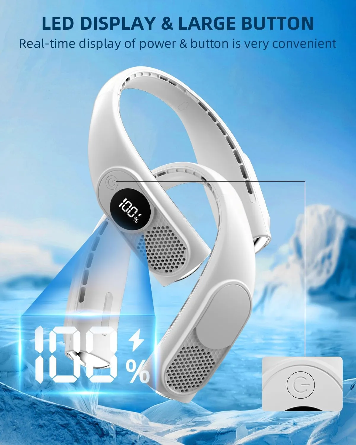 JIAGE Neck Fan, Bladeless Wearable Hands-Free Portable Fan, 5200mAh Rechargeable, 360 Cooling with 3 Speeds, Ultra-Quiet Personal Fan LED Display, Idea for Home, Office, Travel, Sports- White