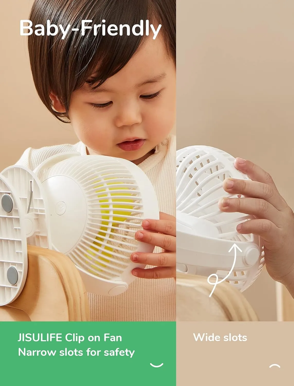 JISULIFE Clip on Baby Stroller Fan, 4000mAh Battery Operated, Portable Personal Small Fan, Quiet & Narrow Slot Design, 4 Speeds, Max 14 Hrs, Ideal for Bed, Desk, Car Seat - Milky White