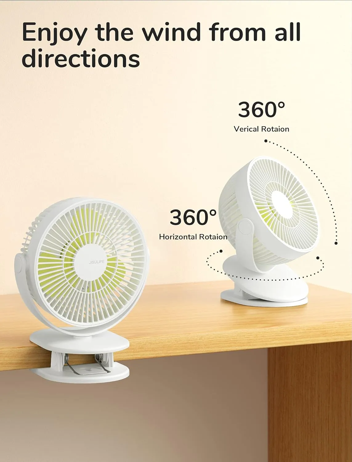 JISULIFE Clip on Baby Stroller Fan, 4000mAh Battery Operated, Portable Personal Small Fan, Quiet & Narrow Slot Design, 4 Speeds, Max 14 Hrs, Ideal for Bed, Desk, Car Seat - Milky White