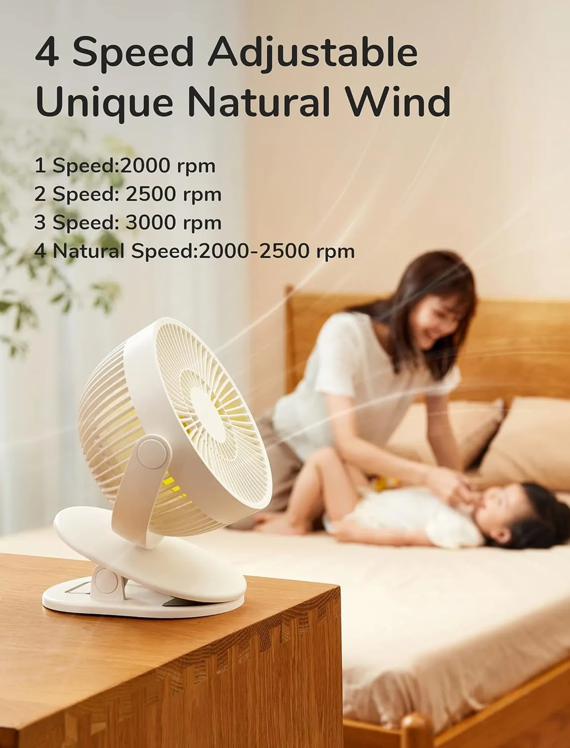 JISULIFE Clip on Baby Stroller Fan, 4000mAh Battery Operated, Portable Personal Small Fan, Quiet & Narrow Slot Design, 4 Speeds, Max 14 Hrs, Ideal for Bed, Desk, Car Seat - Milky White