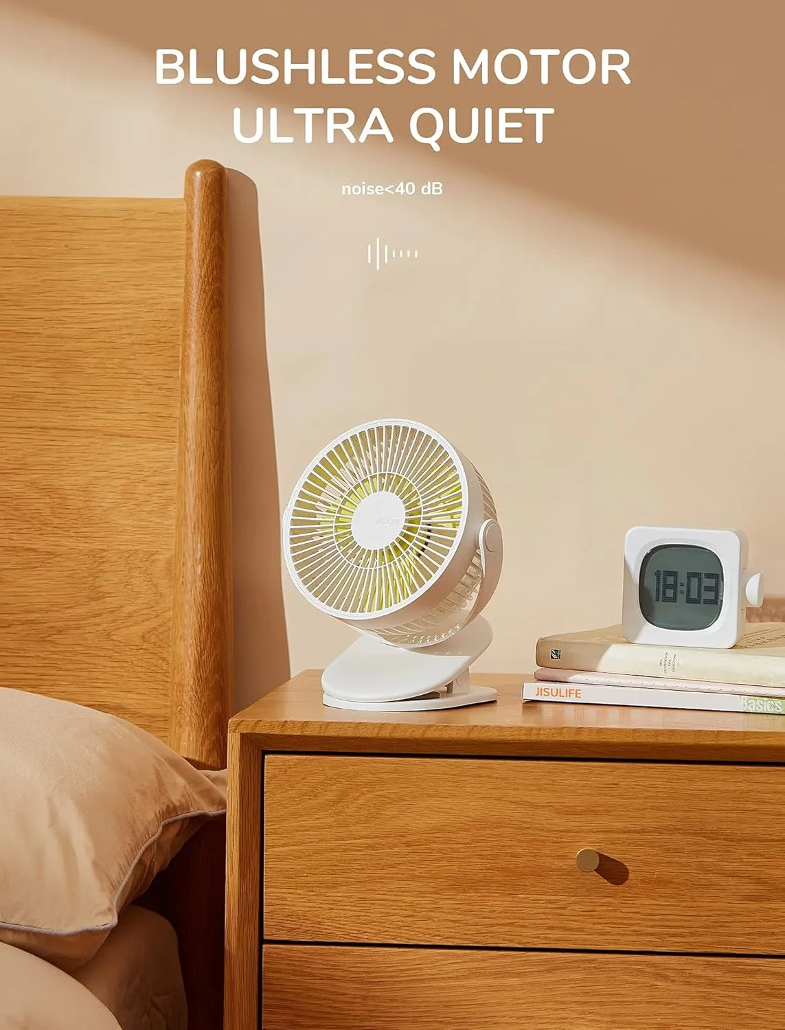 JISULIFE Clip on Baby Stroller Fan, 4000mAh Battery Operated, Portable Personal Small Fan, Quiet & Narrow Slot Design, 4 Speeds, Max 14 Hrs, Ideal for Bed, Desk, Car Seat - Milky White