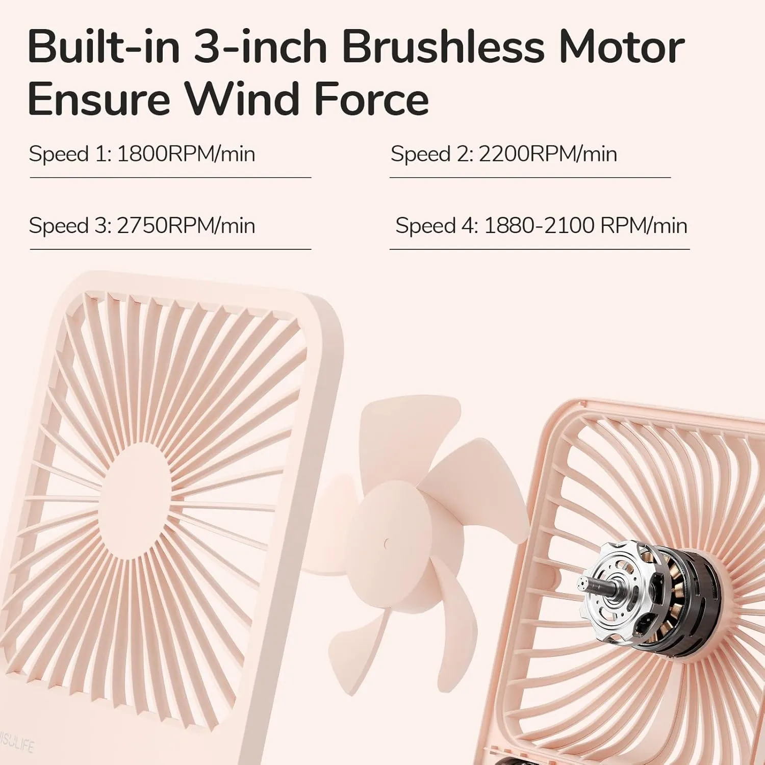JISULIFE Desk Fan Battery Rechargable Fan180Foldable Portable Personal Fan, 4 Speeds Adjustable for Home Office Travel Outdoor-Pink