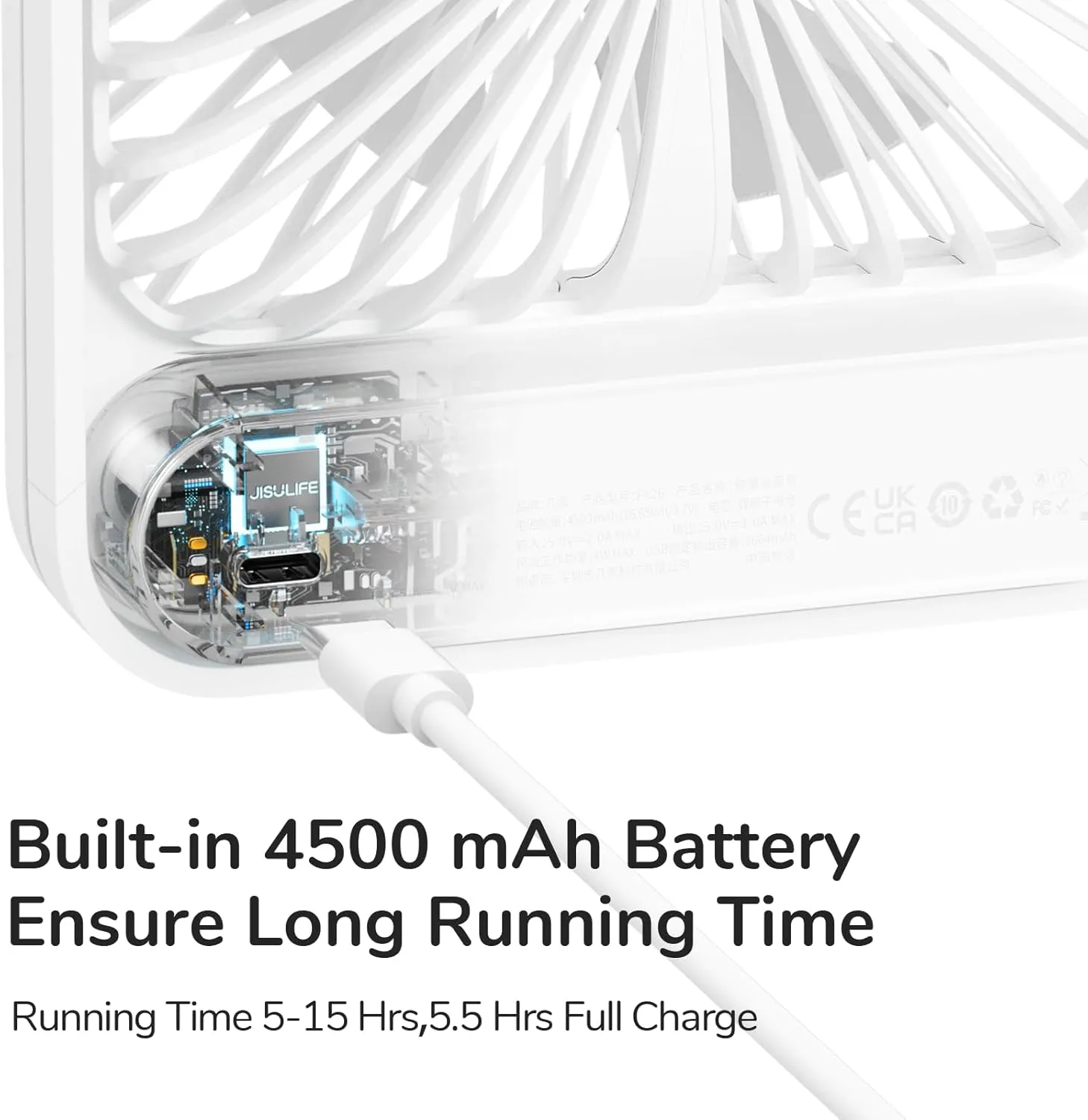 JISULIFE Desk Fan Battery Rechargeable, 4500mAh 180Foldable Portable Personal Fan, 4 Speeds Adjustable Long Battery-life for Home Office Travel Outdoor Gifts for Women Men-White