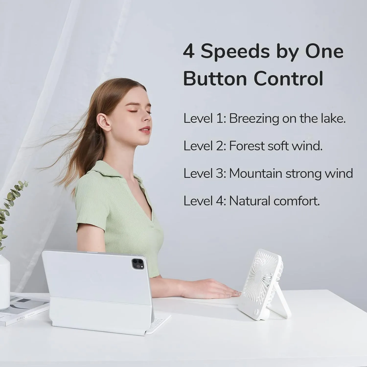 JISULIFE Desk Fan Battery Rechargeable, 4500mAh 180Foldable Portable Personal Fan, 4 Speeds Adjustable Long Battery-life for Home Office Travel Outdoor Gifts for Women Men-White