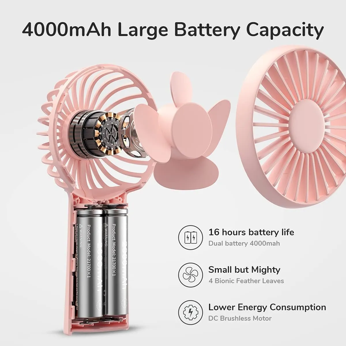 JISULIFE Handheld Fan, 4000mAh Portable Small and Personal USB Rechargeable Pocket [4-16H Working Time] Battery Operated Hand Fan with 3 Speeds for Outdoor/Travel, Summer Gift for Women Men-Pink