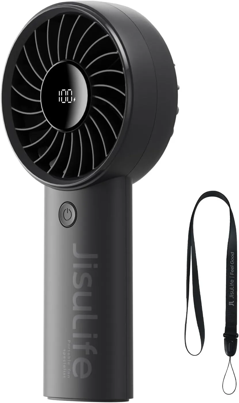 JISULIFE Handheld Fan Life4[5-Speed Turbo Wind Pro],5000mAh Portable Rechargeable Fan with LED Display, Powerful Motor, Summer Essentials for Travel,Beach,Vacation,Makeup,Concerts,Cruise-Black Mini handheld fan for personal cooling