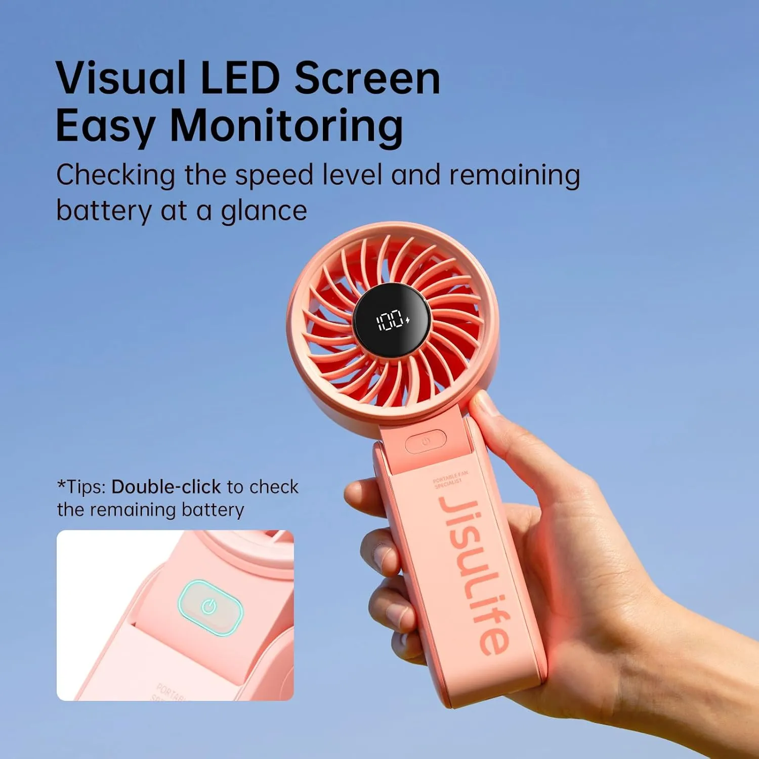 JISULIFE Handheld Fan Life7  Ultimate Flexibility: High-Power Motor, LED Display, 13 Hrs Cooling, 3600mAh Rechargeable, 5-Speed, Foldable Design, 3-IN-1 Portable Fan for Travel Cruise Beach(Pink)