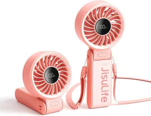 JISULIFE Handheld Fan Life7  Ultimate Flexibility: High-Power Motor, LED Display, 13 Hrs Cooling, 3600mAh Rechargeable, 5-Speed, Foldable Design, 3-IN-1 Portable Fan for Travel Cruise Beach(Pink) Neck fan for hands-free comfort